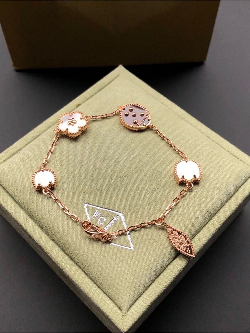 Van Cleef & Arpels Rose Gold Bracelet with White and Light Pink Enamel Motifs
